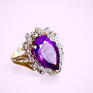 Genuine Amethyst & Diamond 14K Solid Gold Statement Ring